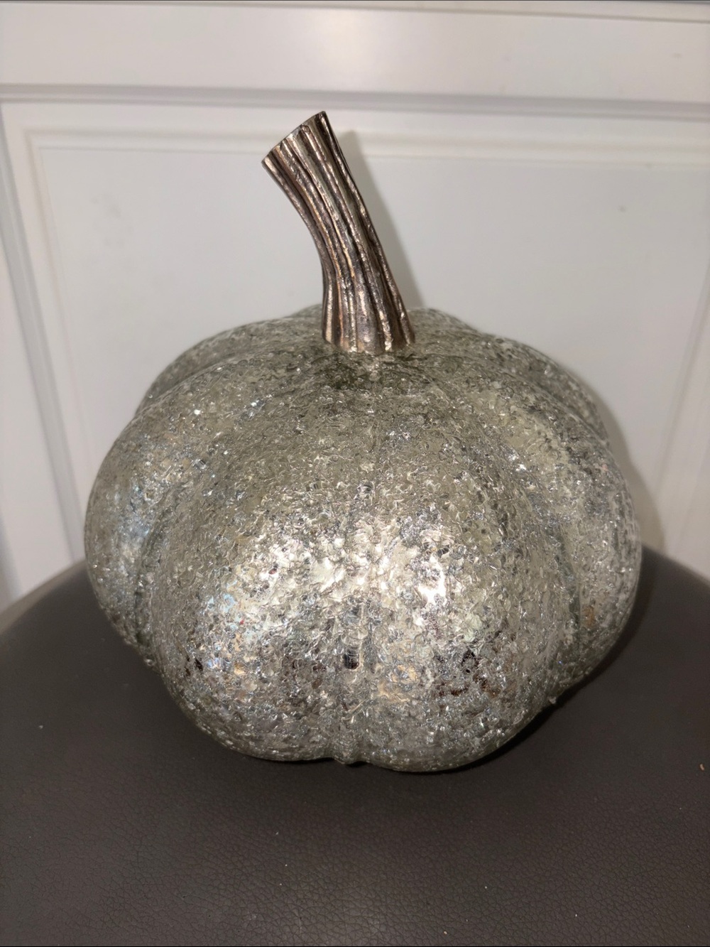 Elegant Decorative Silver Glitter Glass Pumpkin w/ Metal Stem  - 7.5” W x 7.5” H